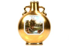 Antico vaso fiaschetta luna Coalport oro dipinto a mano vista lago montagna h13 cm 1880