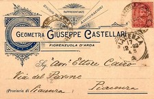 Cartolina - Regno - 1899 - Geometra - Giuseppe Castellari - Fiorenzuola- FP - VG