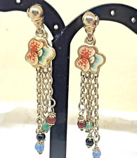 ORECCHINI ARGENTO 925 PL ORO FIRMATI 6 CM CON PIETRE DURE E PANSE' SOTTO SMALTO