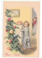 Non Viaggiata cartolina bambini in pigiama albero Natale dolce natalizio