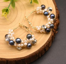 Orecchini A Cerchio Placcati Oro Con Perle Di Acqua Dolce E Perle Nere