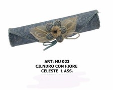 10 BOMBONIERE porta confetti TUBO STOFFA 16X4 CELESTE DECORATI A MANO