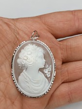Ciondolo cammeo donna inciso argento 925 bianco pendente cameo volto