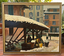 DIPINTO AD OLIO - SCORCIO DI MILANO INNEVATA - LAVANDAIE SUI NAVIGLI IN INVERNO