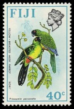 FIJI 317 (SG447) - Pappagallo muschiato dal petto giallo "Proscopeia personata" 1971 (pa17