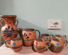 🔵Anfora Brocca  e Bicchieri Di Terracotta Smaltata Decorati A Mano