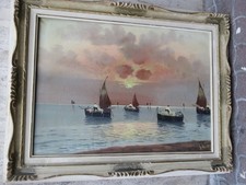 vecchio quadro dipinto PESCATORI SU BARCHE A VELA TRAMONTO MARE pittore antico