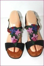 MARIO BOLOGNA Sandales Tout Cuir Bleu Nuit  Motifs Perlés T 8.5 / T 38.5 TBE