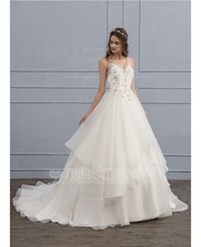 Abito da ballo scollo a V corte treno organza abito da sposa con paillettes...