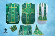 Veste Chasuble Fiddleback Verde Metallico E Set Di Messa, Ricamo IHS
