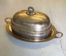 ANTICO GRANDE VASSOIO CUPOLA PORTATA per CARNE RAME OTTONE ARGENTATO PRIMO '900