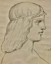 Disegno antico datato 1884. Profilo di Ragazzo In Acconciatura Rinascimento