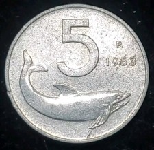 MONETA DA CINQUE (5) LIRE Esotica E Rara Tenuta Ritrovamento ITALIA 1953 O 1954 (B289) Delfino