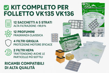 SACCHETTI FOLLETTO VK135 136 12+2 FILTRO HEPA +2 FILTRI GRIGLIA +PROFUMI VORWERK