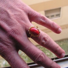 Anello Vintage Designer's Estate Barocco Corallo Rosso Argento Corda Oro Misura 7 Italia 