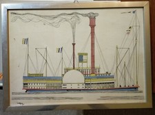 LIVIO DEL PINO 1952 BATTELLO A VAPORE Bellissimo Quadro 