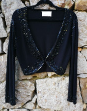 Jane Norman Vintage Black Shrug Small Open Cropped Beaded Bolero Cardigan Gothic
