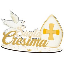 Centrotavola Maxi Scritta in Legno Santa Cresima con Cappello Vescovo e Colomba 