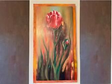 Quadro Vintage Olio su Tavola Grande Tulipano Rosso Firmato Pittura Arte Moderna