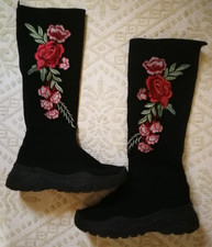 Black Platform Textile Custom Knee Length Boots Size 37 UK 4 Gothic Alternative