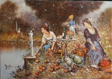 DIPINTO OLIO SU TELA 50X70 SCENA DI GENERE DONNE DEL MERCATO