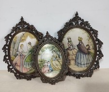 Trio Quadretti Stampe Antiche, Cornice in Metallo Vintage