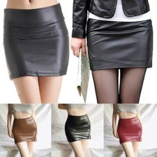 Minigonna nera in pelle poliuretano vita alta stretta cerniera elastica abito da