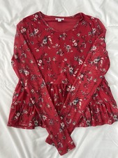 Love-Fire Red Floral Double-Tier Babydoll Mesh Blouse size Small Boho