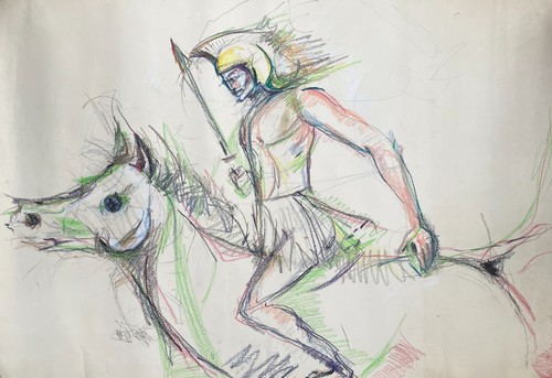 Guerriero cavallo pastello - guerriero, cavallo,