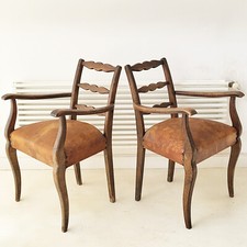 Magnifico Coppia Di Sedie Vintage Antichi 1940 1950 IN Pelle & Quercia 40S 50S