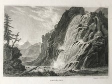 Incisione su acciaio del 1850 cascata PISSEVACHE-Vernayaz-Svizzera-15,5x10,5cm-quadro