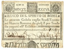 36 SCUDI CEDOLA BANCO DI SANTO SPIRITO DI ROMA 11/01/1786 MB/BB