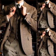 Tute uomo tweed marrone vintage formale business matrimonio sposo smoking 3 pezzi