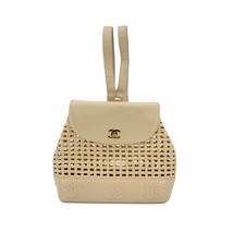 Autentica borsa a tracolla Chanel vintage beige in pelle e paglia zaino