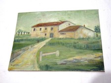 Antico quadro olio su tela 24 x 17,5 Bonomi paesaggio case cascina casolare