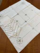 TOVAGLIETTA VINTAGE DA TEA E 6 TOVAGLIOLI PURO LINO AVORIO RICAMATA A MANO     