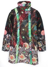 Desigual Natalia Donna Nero Cappotto EU38 Lana Mezza Lunghezza Ricamato Lucidate