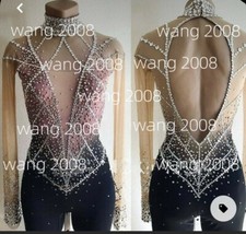 Abito pattinaggio su ghiaccio competizione figura pattinaggio costume nero pantalone tinto fatto a mano