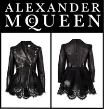 Alexander McQueen Giacca Moto Pelle Peplo Pizzo Alto-Basso, Nero, US6 IT42