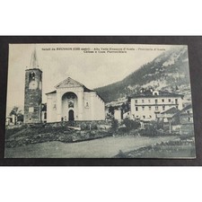 Cartolina Saluti da Brusson - Alta Valle Evancon d'Aosta - Chiesa e Casa Parrocc
