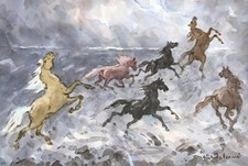 GIULIO FALZONI - "CAVALLI SULLA BATTIGIA" acquerello cm.50x70 1971 pubblicato 