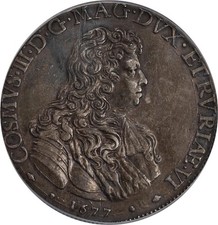 MONETA ARGENTO TALLERO ITALIA TOSCANA COSIMO III 1677, CERTIFICATA PCGS "AU DETTAGLI"