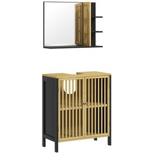HOMCOM Set Bagno con Mobile Sottolavabo a Doghe e Specchiera con Mensole Nero