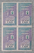 Concessioni Governative 4 Marche Bollo Passaporto Lire 60.000 Euro 30,99 Vintage