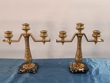 Coppia Di Candelabri Portacandele Vintage In Ottone Con Base In Marmo 