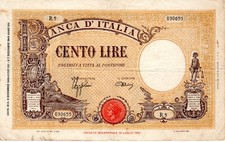 Italia Banconota da Lire 100, Grande B al retro contrassegno Fascio Littorio.