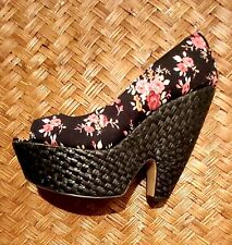 Scarpe Donna Zeppe Fiori Tessuto Tg 38 Nere shoes fabric wedge oriental style