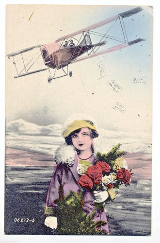 Donnina con aeroplano fiori - con,