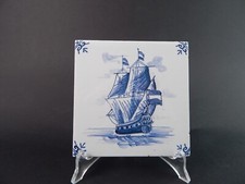 VINTAGE AUTENTICA PIASTRELLA MATTONELLA PORCELLANA DI DELFT BIANCO BLU VELIERO