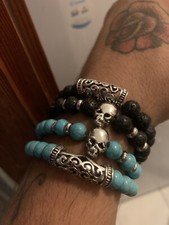 bracciale uomo/donna Turchesi O Pietra Lavica Inserti Argentati Teschio/mandala